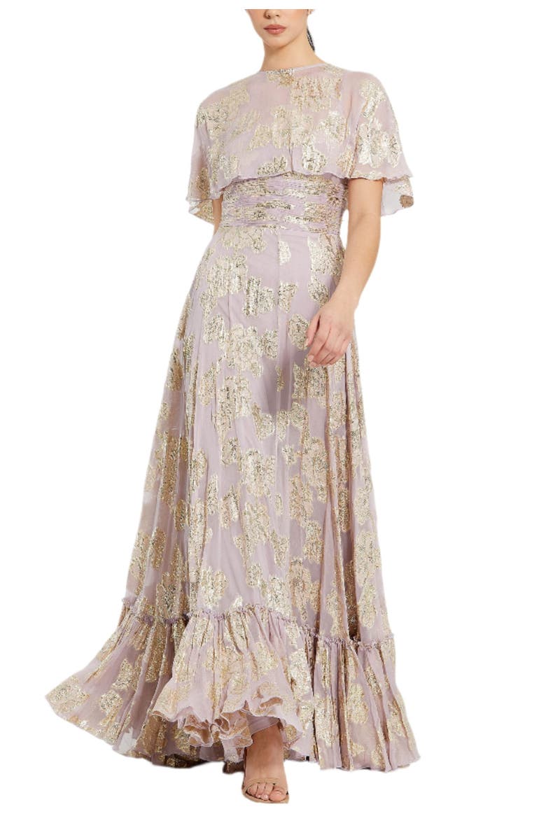 Mac Duggal Floral Print High Neck Cape Sleeve A Line Gown, Main, color, Vintage Lilac