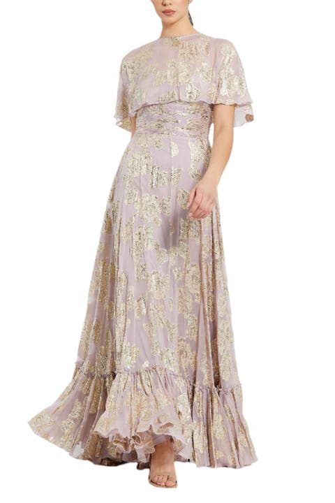 Floral Print High Neck Cape Sleeve A Line Gown