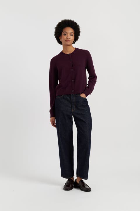 Wool Cashmere Blend Crew Neck Cropped Cardigan