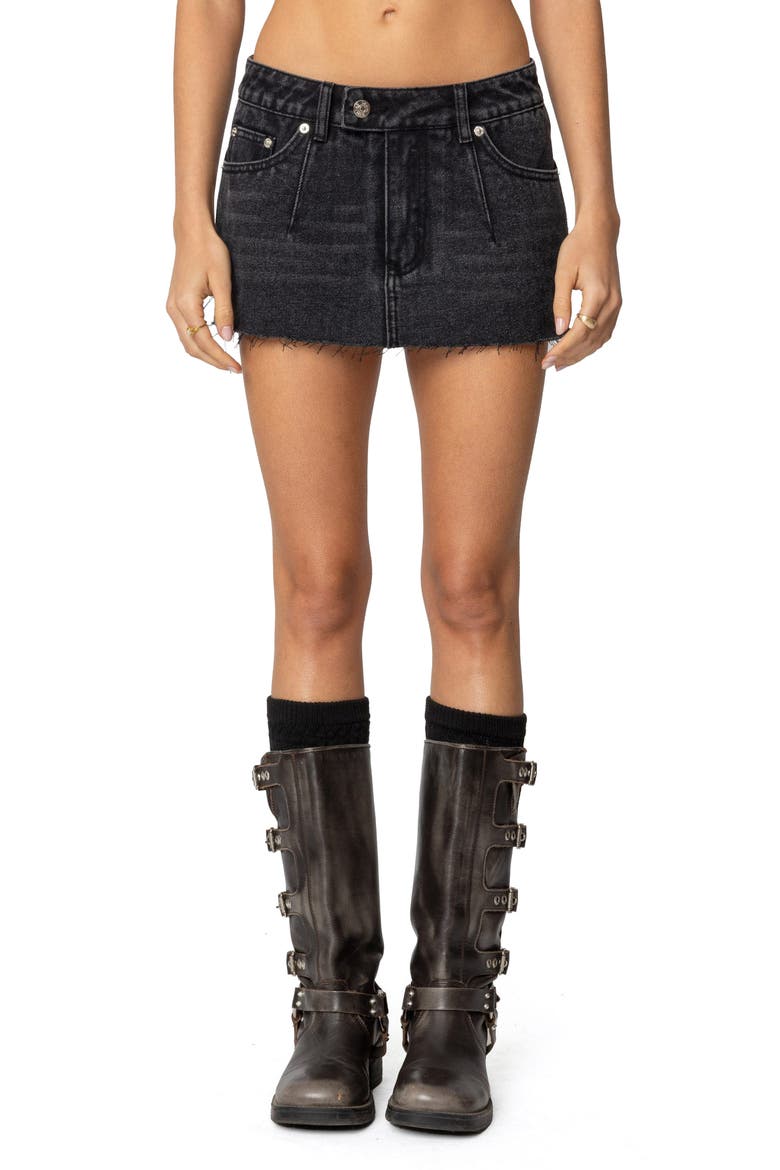 Clementine Low Rise Raw Hem Denim Miniskirt, Main, color, BLACK-WASHED