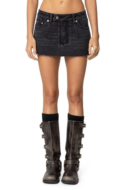 Edikted Clementine Low Rise Raw Hem Denim Miniskirt In Black-washed