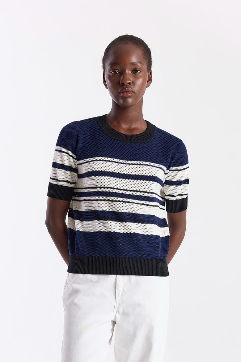 Textured Stripe Crewneck Top, Main, color, Navy/Ivory, Black