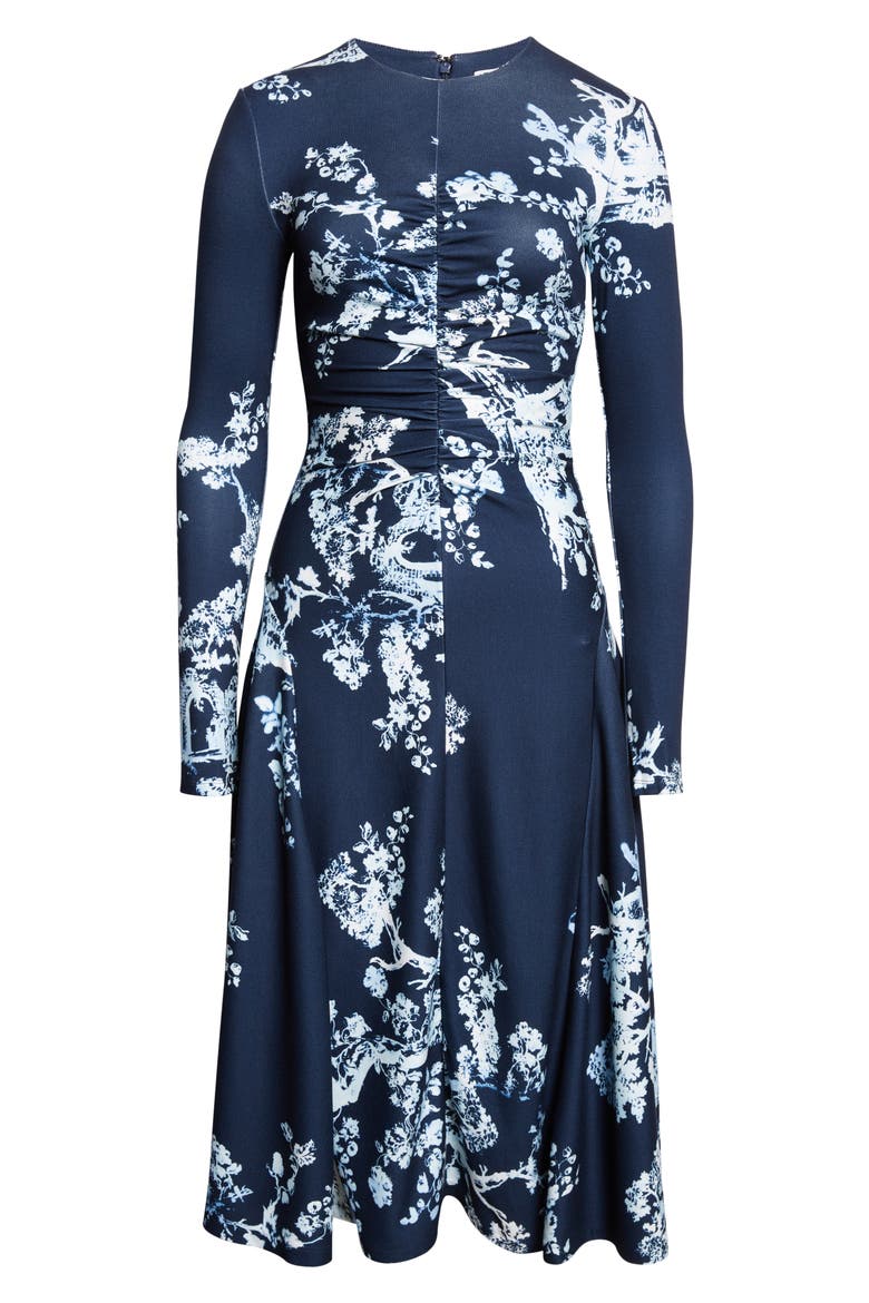 Print Long Sleeve Gathered Ponte Jersey Midi Dress, Alternate, color, CYANOTYPE ETCHING NAVY