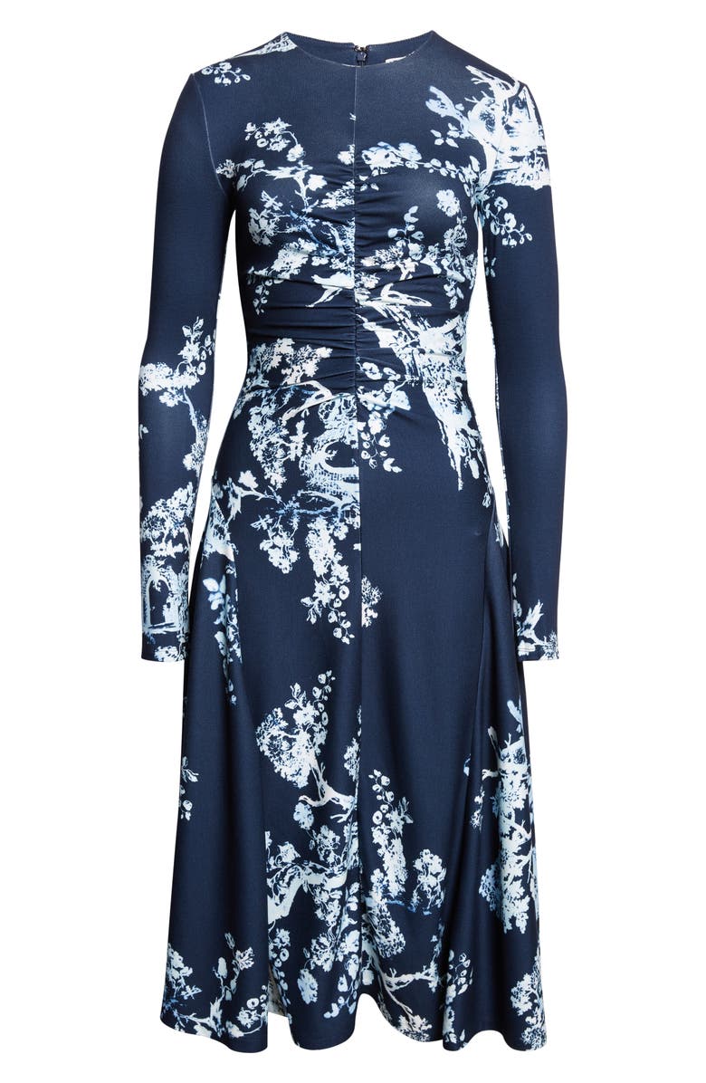 Erdem Print Long Sleeve Gathered Ponte Jersey Midi Dress, Alternate, color, Cyanotype Etching Navy