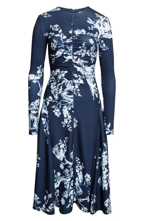 Erdem Print Long Sleeve Gathered Ponte Jersey Midi Dress In Blue