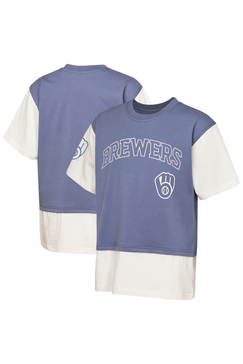 Youth Outerstuff  Navy/Cream Milwaukee Brewers Ultimate Pastels Premium Double Run T-Shirt, Main, color, Navy