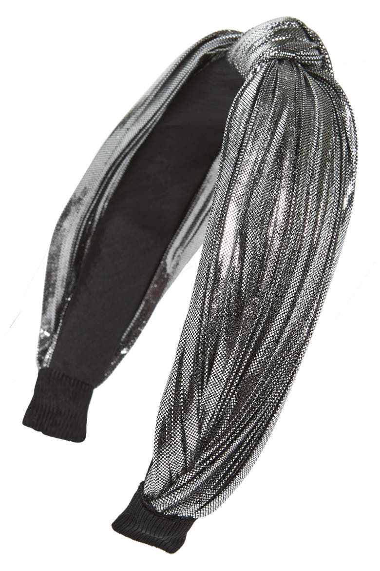 Knot Metallic Pleated Headband, Main, color, SILVER