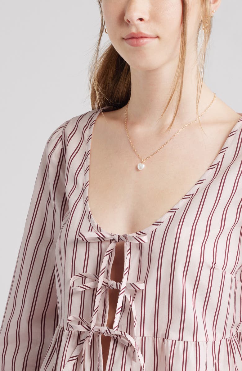 BP. Tie Front Scoop Neck Cotton Poplin Peplum Top, Alternate, color, Pink- Burgundy Kate Stripe