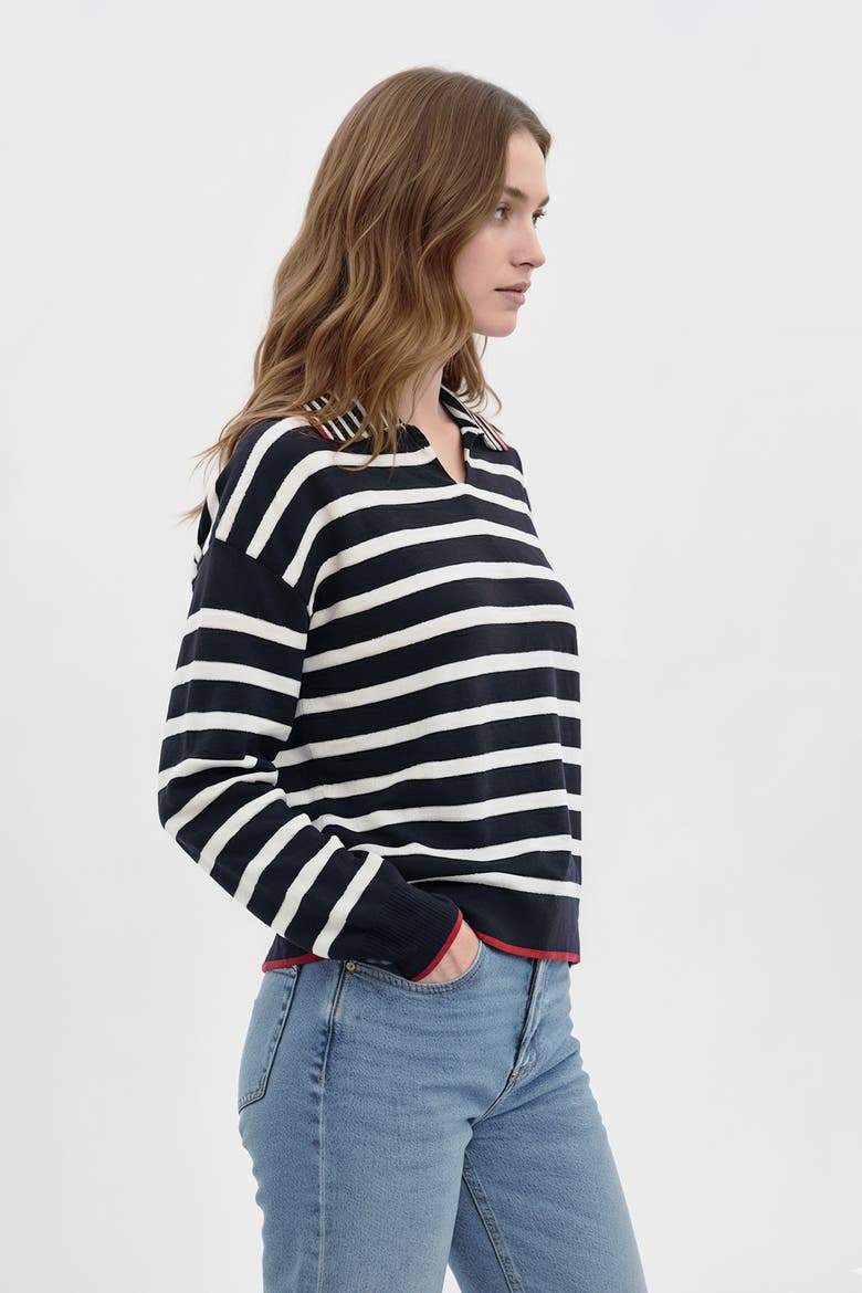 Maisie Bright Striped Ls Polo, Alternate, color, Navy Multi