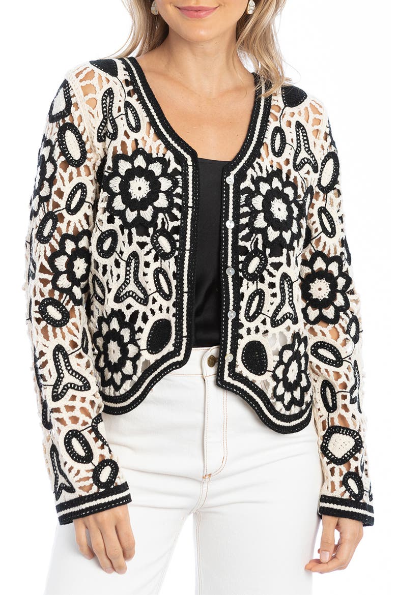 Floral Crocheted Bolero Cardigan, Main, color, BLACK
