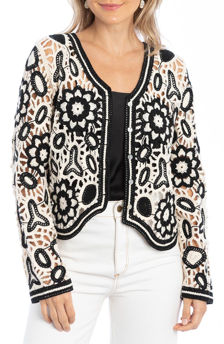 SAACHI Floral Crocheted Bolero Cardigan, Main, color, Black