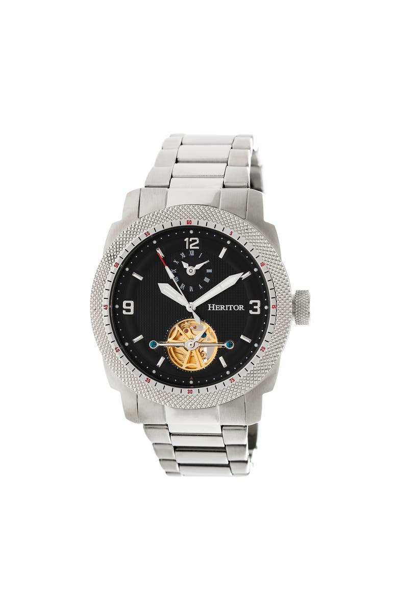 Heritor Automatic Helmsley Semi-Skeleton Leather-Band Watch, Main, color, Silver/Black