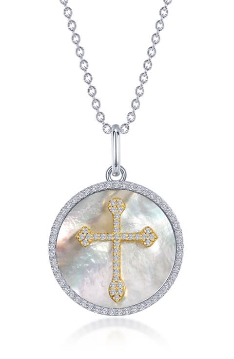 Simulated Diamond & Mother-of-Pearl Cross Pendant Necklace