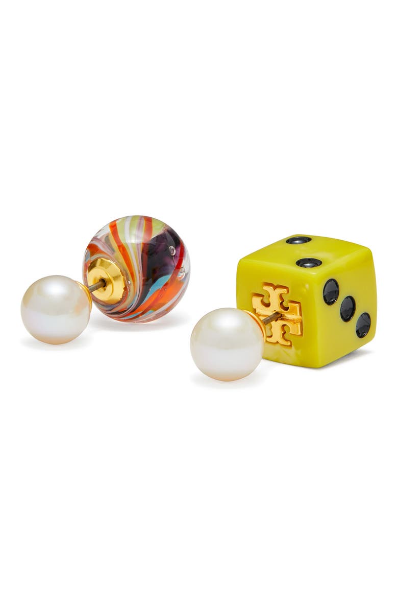 Reversible Cultured Pearl Earrings, Alternate, color, ROLLED BRASS / IVORY