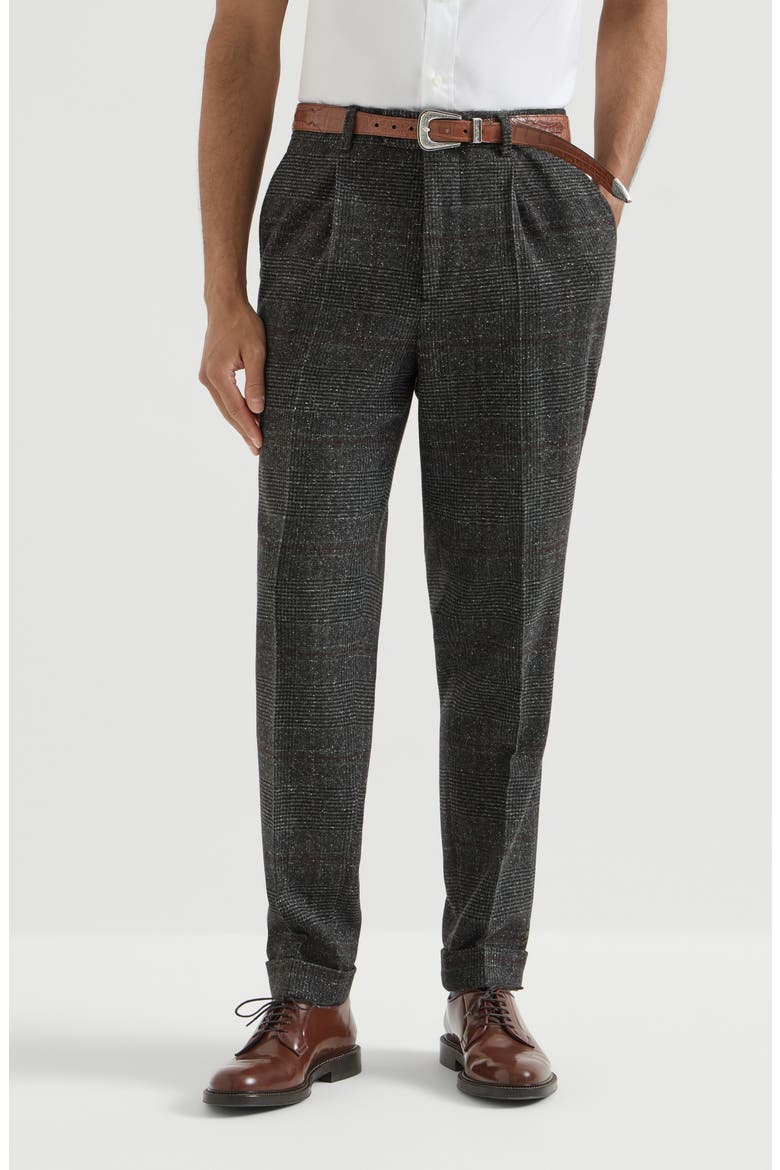 Silk, wool and cashmere Prince of Wales flannel trousers with pleat, Main, color, Anthracite