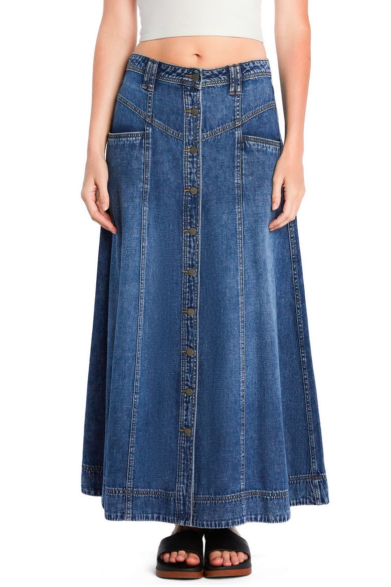 Panel Front Button Denim Maxi Skirt, Main, color, SHARK BLUE