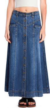 Wash Lab Denim Panel Front Button Denim Maxi Skirt