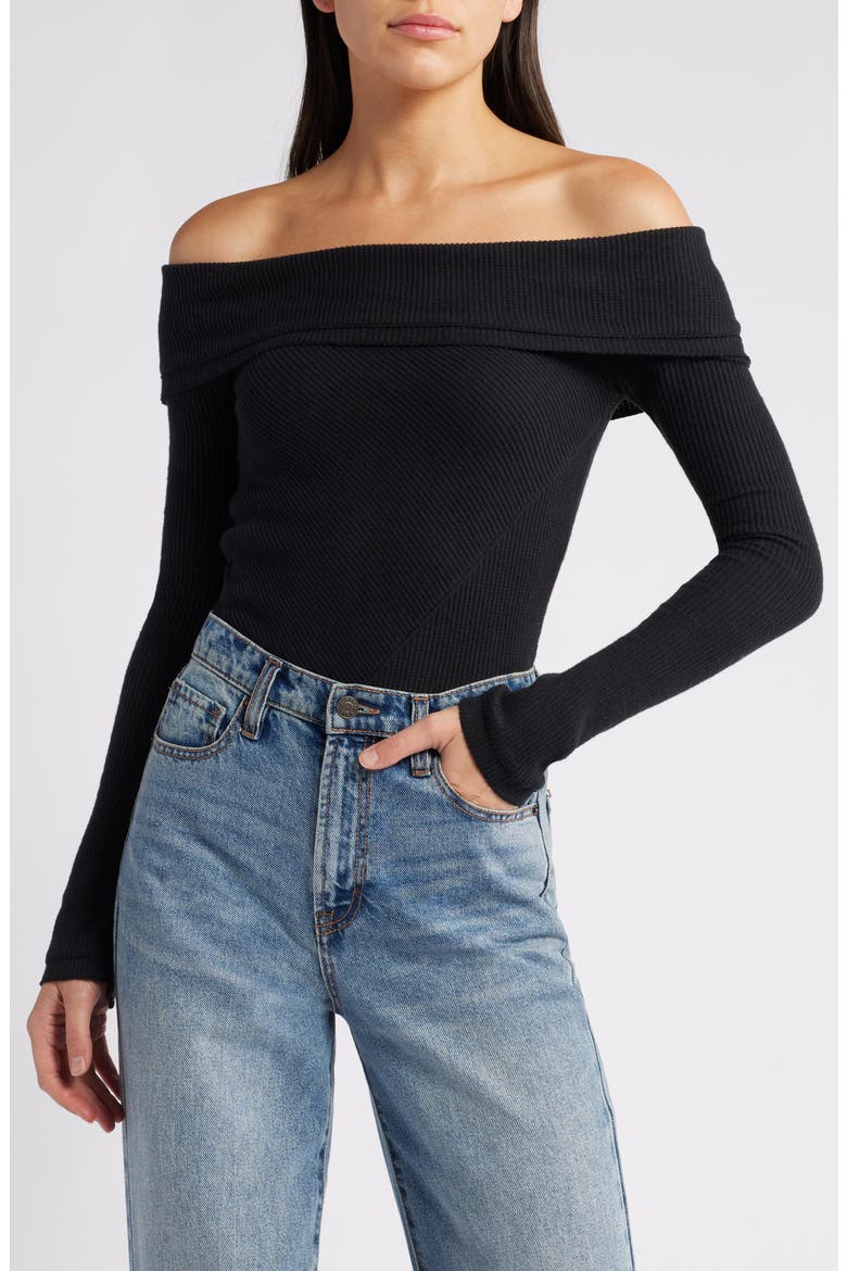 Autumn Cozy Off the Shoulder Waffle Stitch Bodysuit, Main, color, BLACK