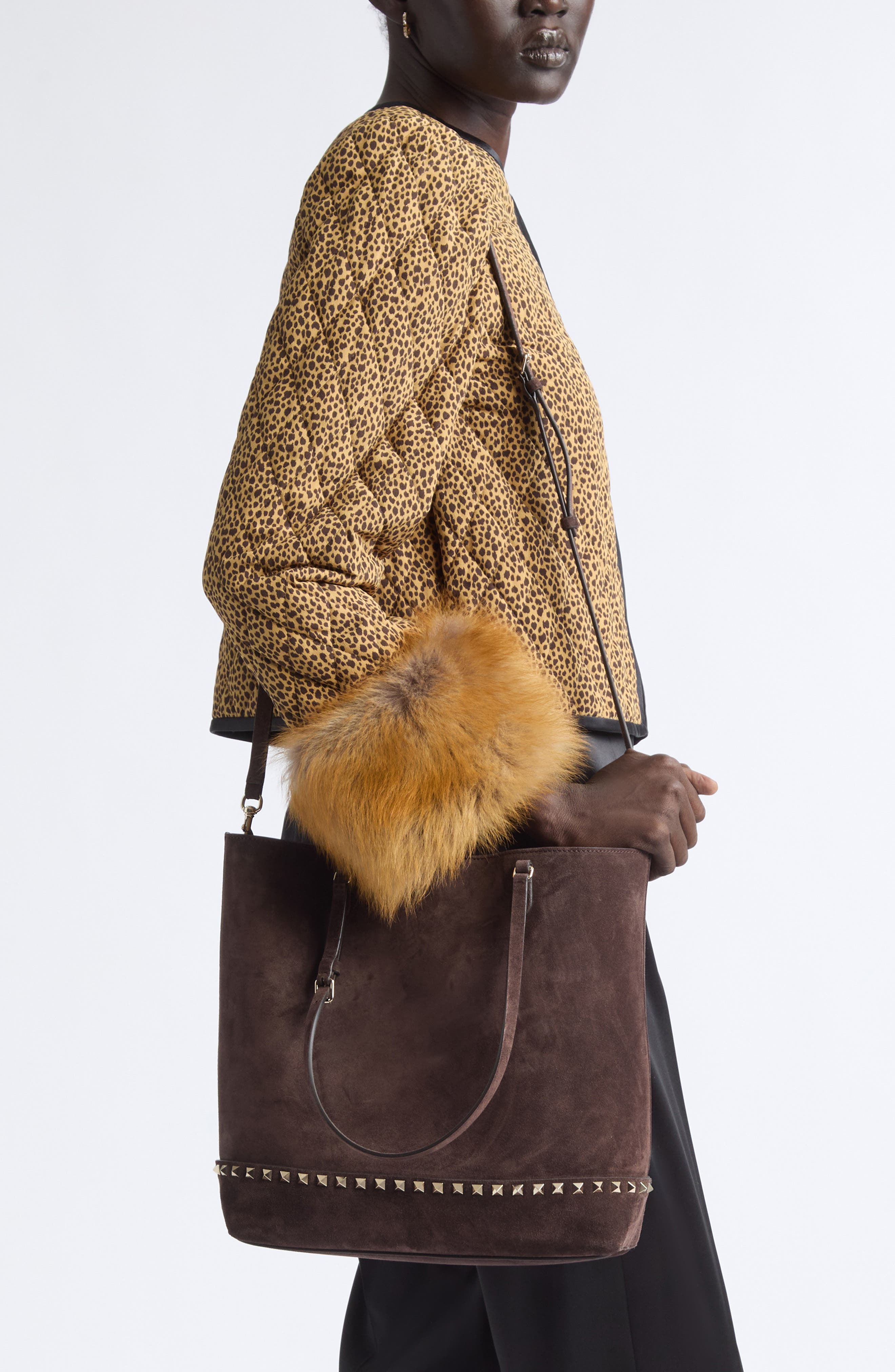 Medium Rockstud Suede Tote, Alternate, color, BROWN
