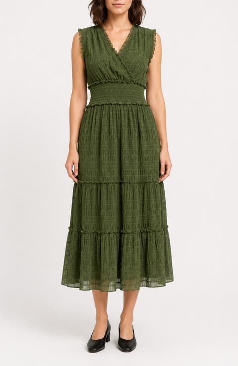 Crinkle Mesh Tiered Midi Dress