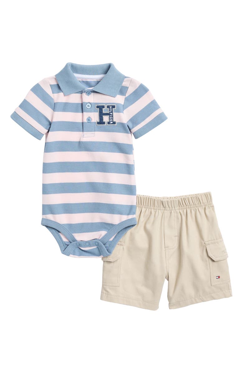 Tommy Hilfiger Stripe Polo Bodysuit & Woven Shorts Set, Main, color,