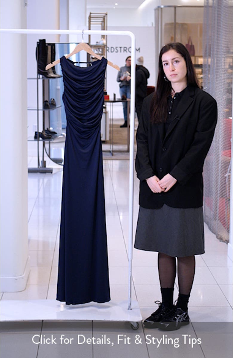 Undeniable Ruched Back Cutout Sheath Gown, sales video thumbnail