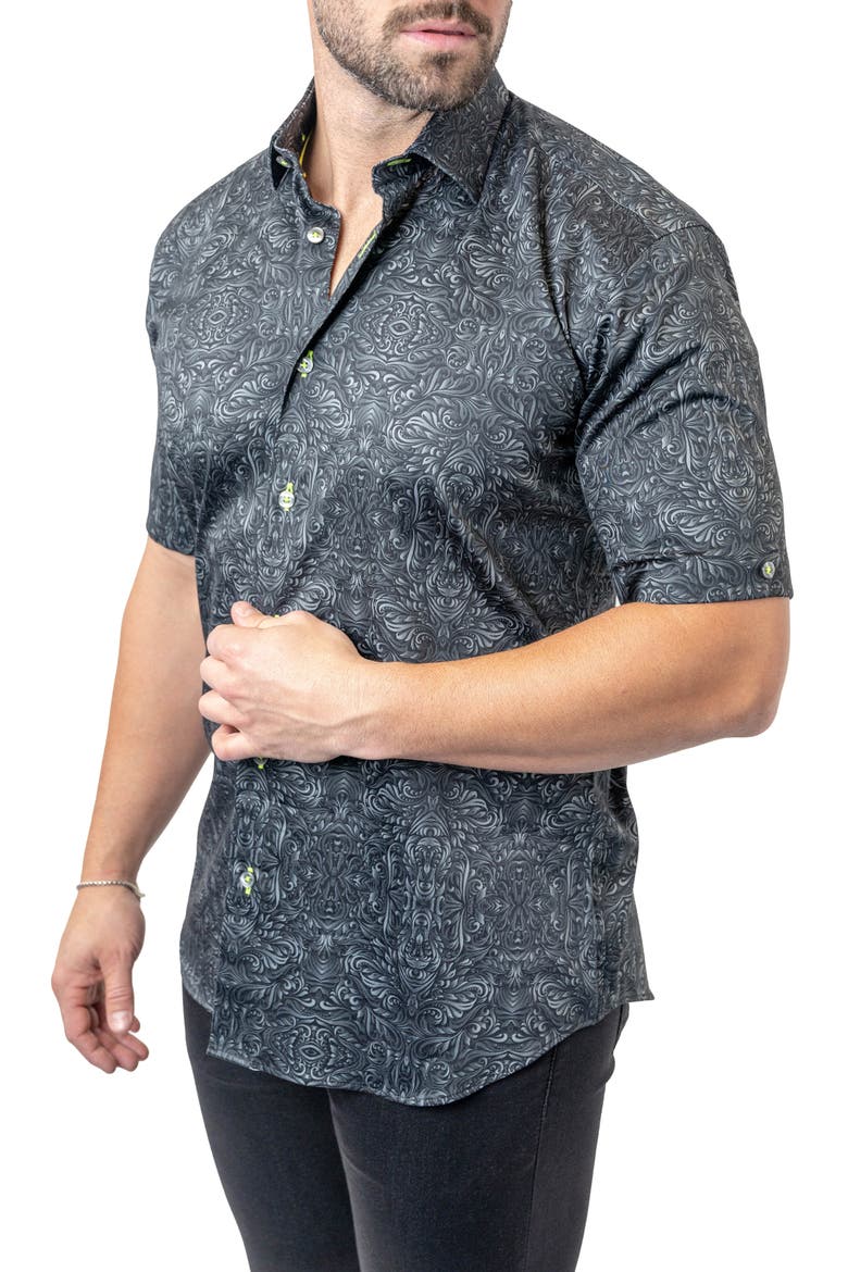 Galileo Stretchaztec Black Short Sleeve Performance Button-Up Shirt, Alternate, color, BLACK