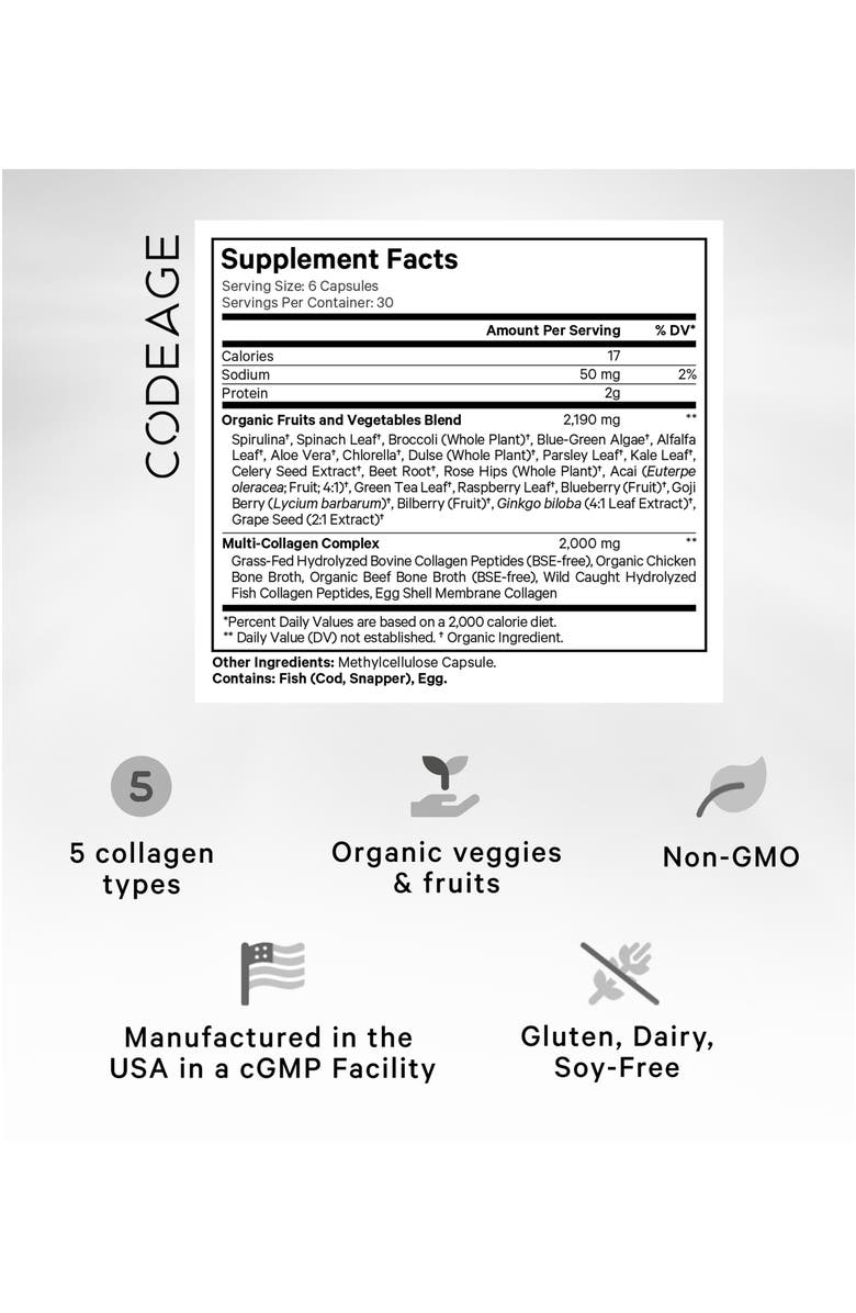 Codeage Multi Collagen Protein + Raw Greens Capsules Supplement, Alternate, color, White