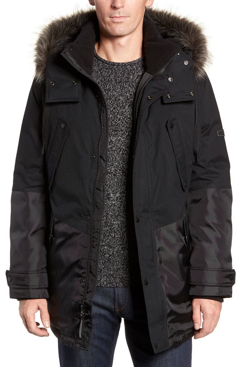 Maxfield Faux Fur Trim Parka, Main, color, BLACK