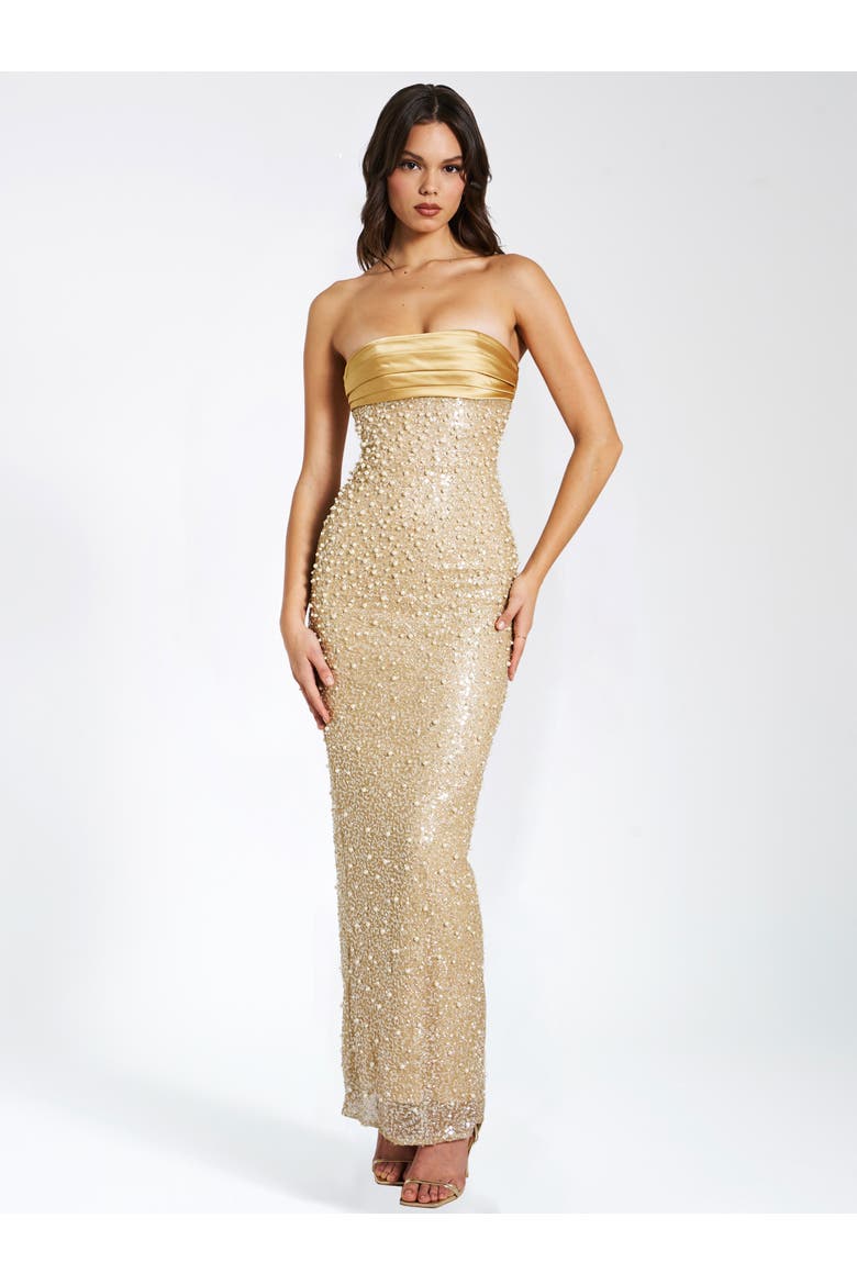 Lainey Pearl Beaded Satin Sequin Strapless Maxi Gown, Alternate, color, Gold