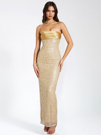 Lainey Pearl Beaded Satin Sequin Strapless Maxi Gown