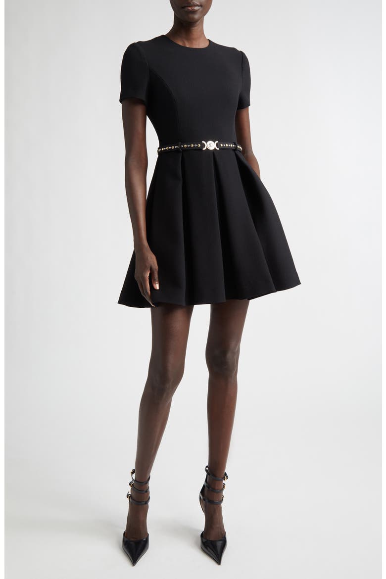 Medusa '95 Belted Double Face Virgin Wool Crepe Fit & Flare Dress, Main, color, BLACK