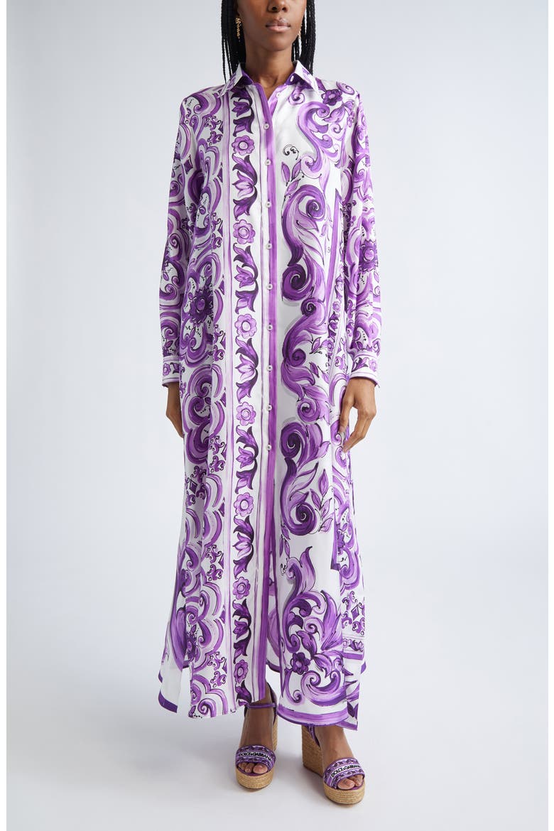 Majolica Print Long Sleeve Silk Shirtdress, Alternate, color, IP3TN MIX MAIOLICA VIOLA