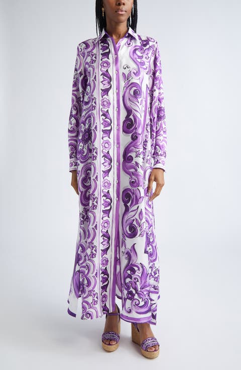 Majolica Print Long Sleeve Silk Shirtdress