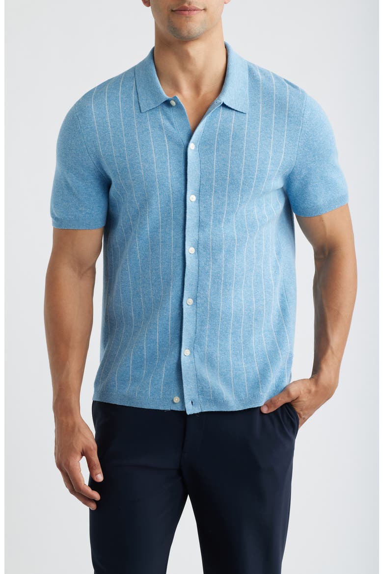 Piazza Stripe Cotton & Linen Blend Button-Up Shirt, Main, color, GULF-IVORY