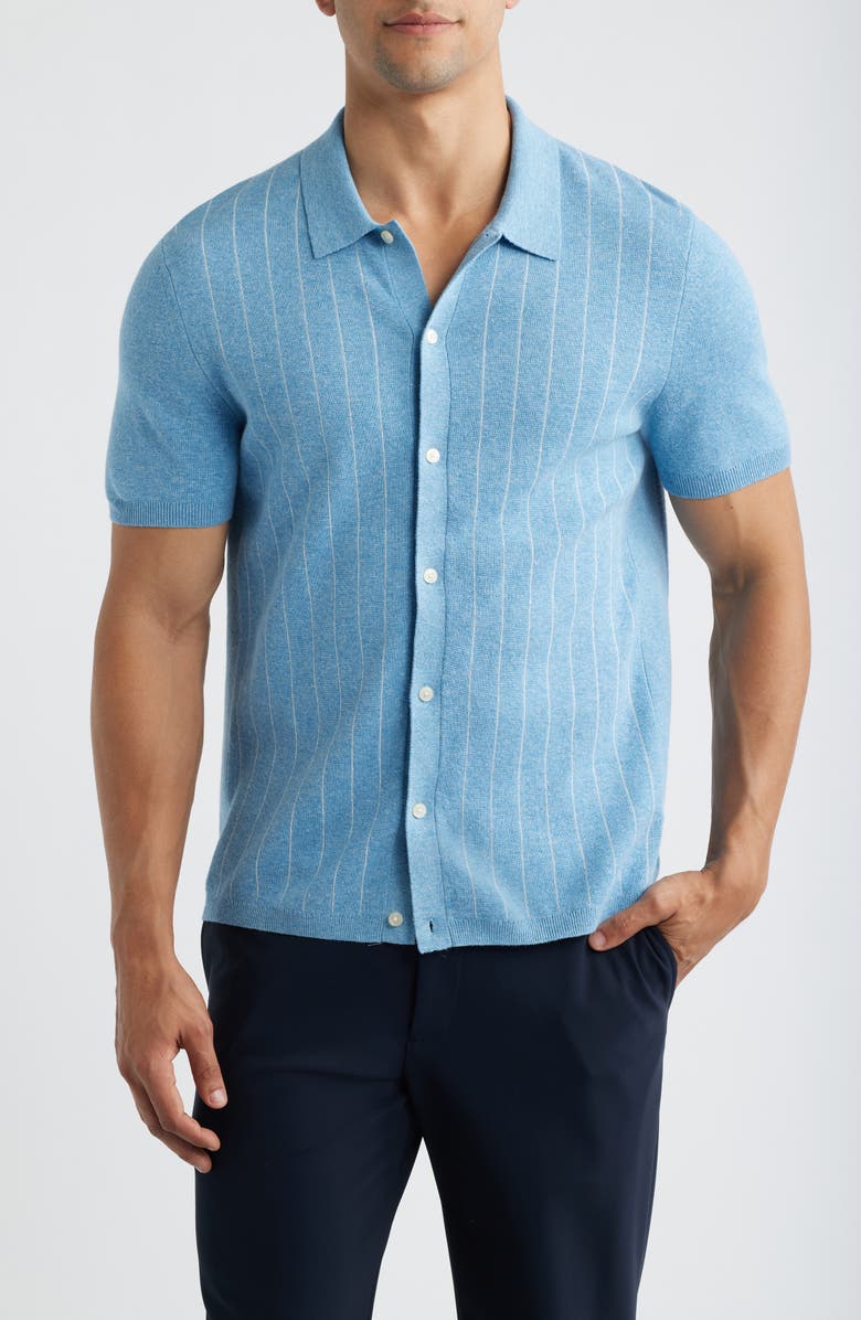 Reigning Champ Piazza Stripe Cotton & Linen Blend Button-Up Shirt, Main, color, Gulf-Ivory