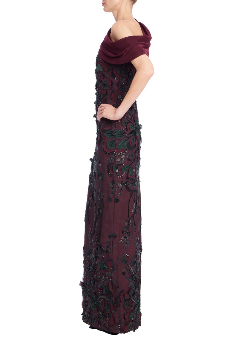 One-Shoulder Embroidered Sequin Gown, Alternate, color, WINE