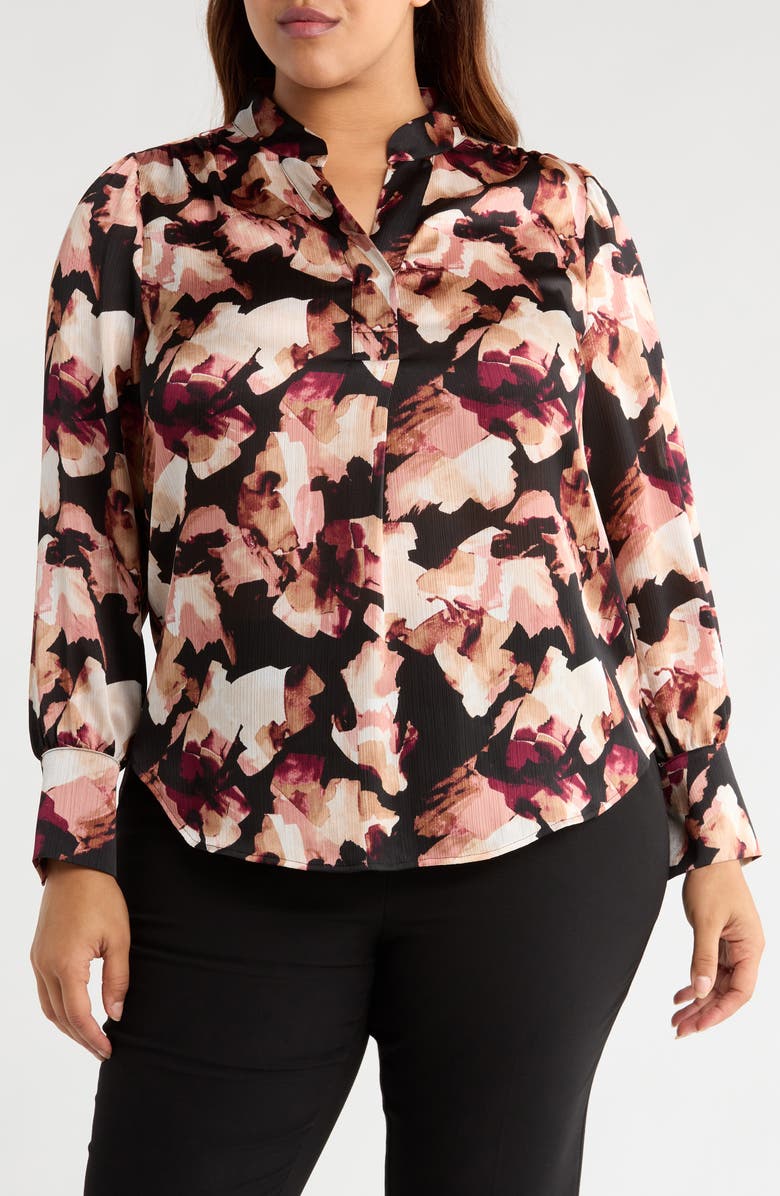 Anne Klein Printed Textured Crepe Long Sleeve Top, Main, color, Anne Black Multi