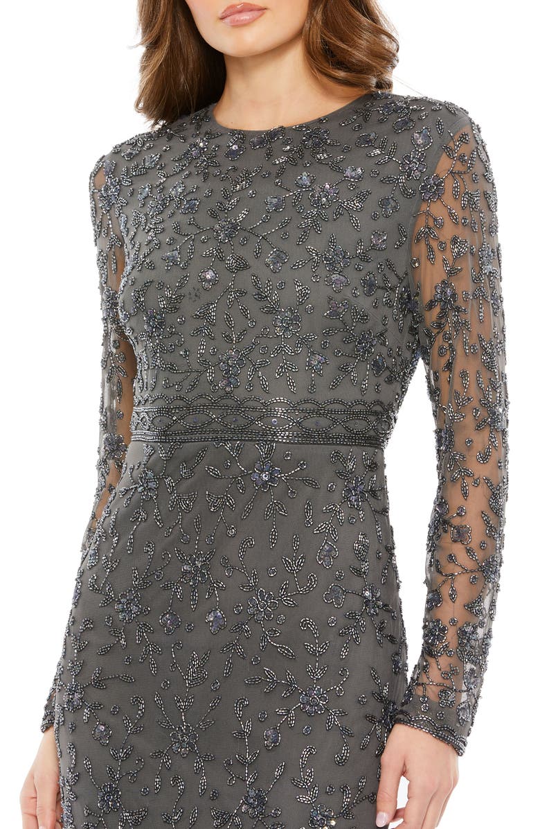 Mac Duggal Beaded Tea Length Sheer Sleeved Dress, Alternate, color, Charcoal