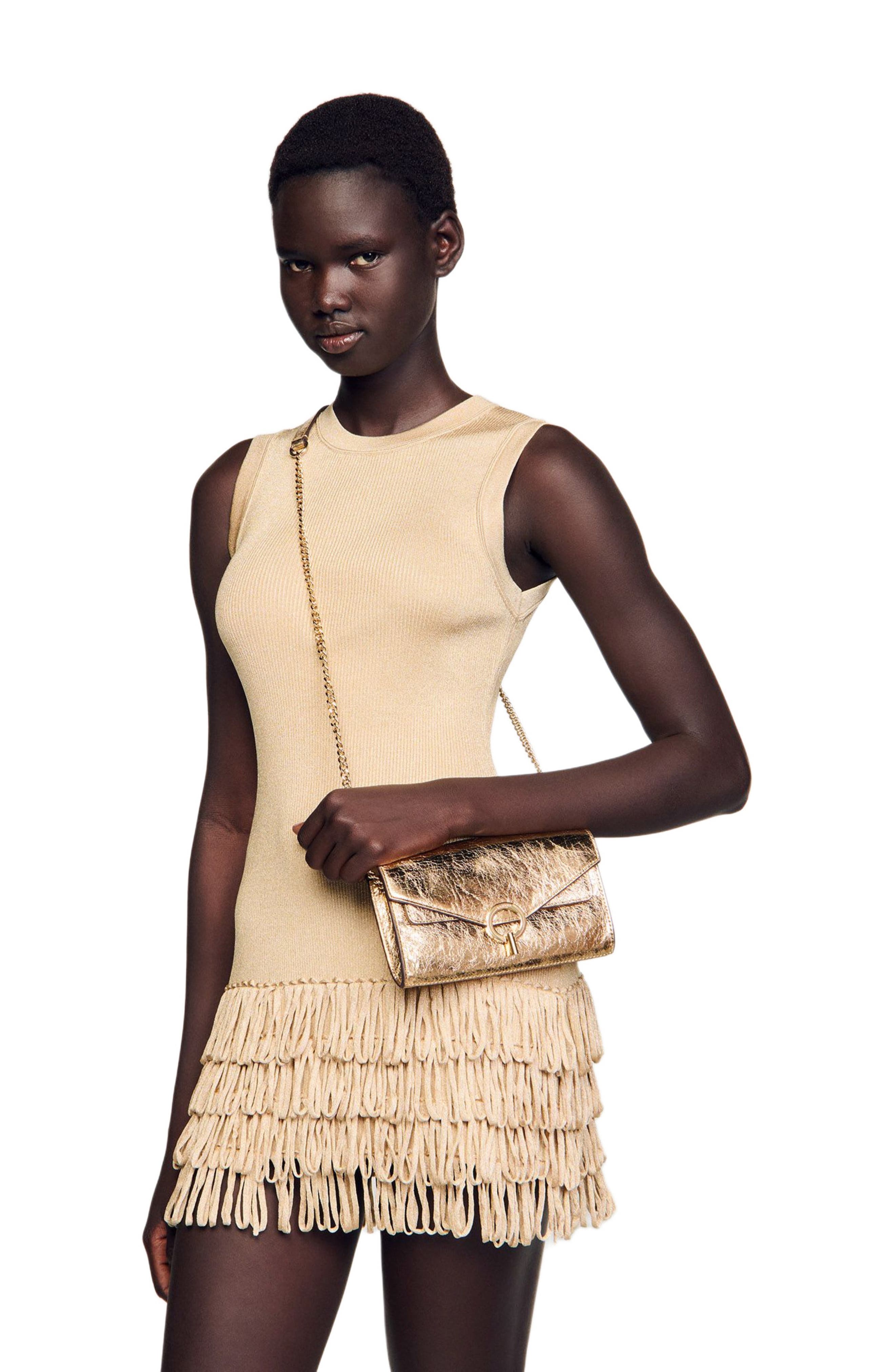 SANDRO Gold leather clutch bag, Alternate, color, 