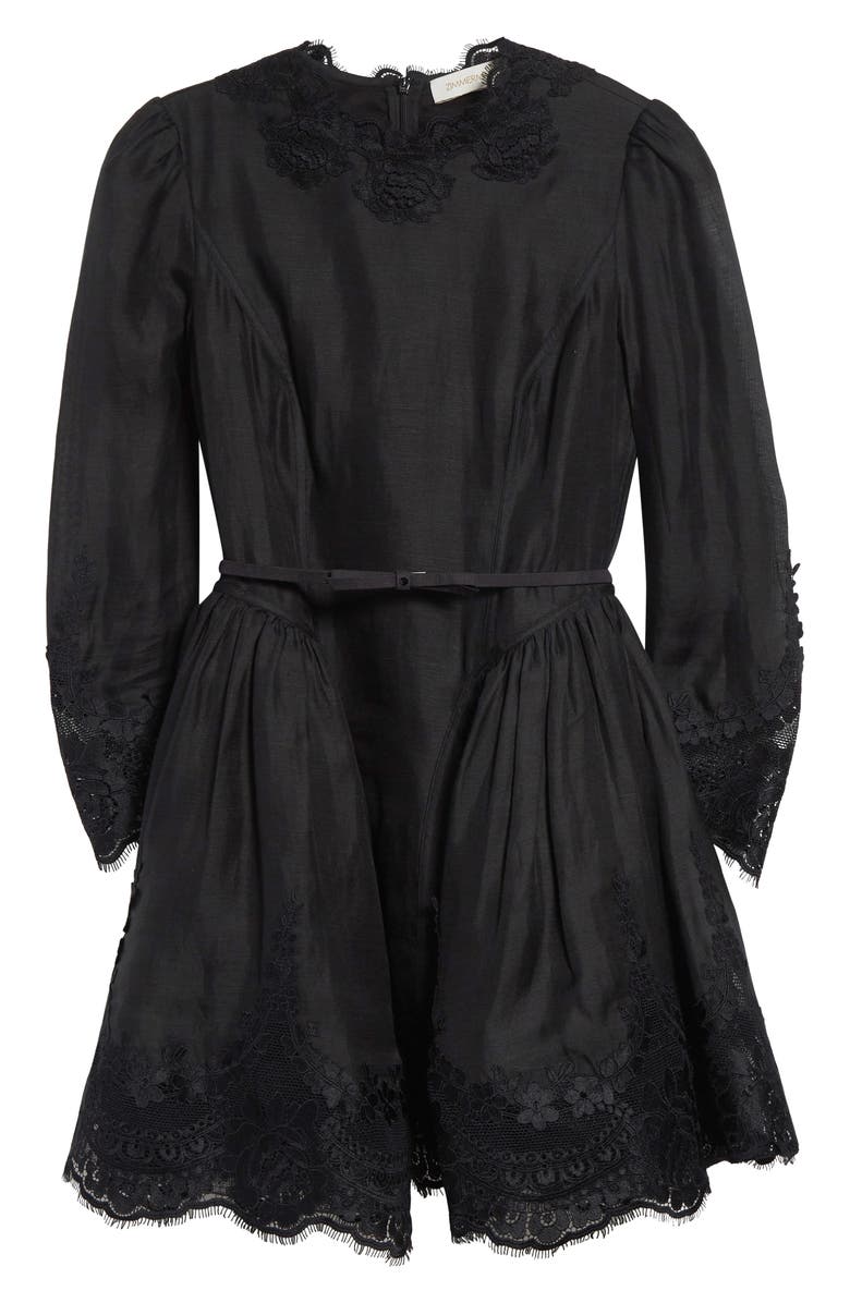 Zimmermann Hypnotic Lace Trim Long Sleeve Belted Linen & Silk Minidress, Alternate, color, Black