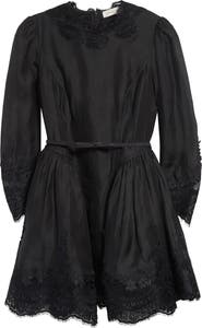 Zimmermann Hypnotic Lace Trim Long Sleeve Belted Linen & Silk Minidress