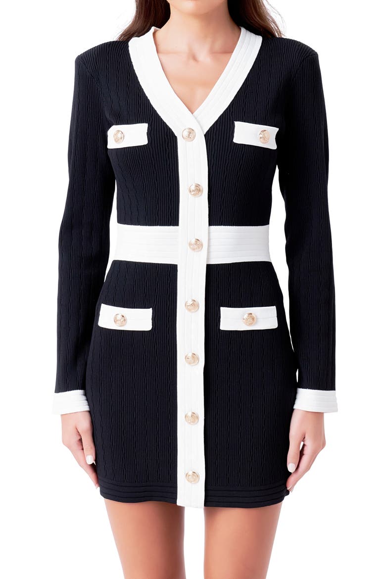 Contrast Trim Long Sleeve Rib Minidress, Alternate, color, BLACK/ WHITE