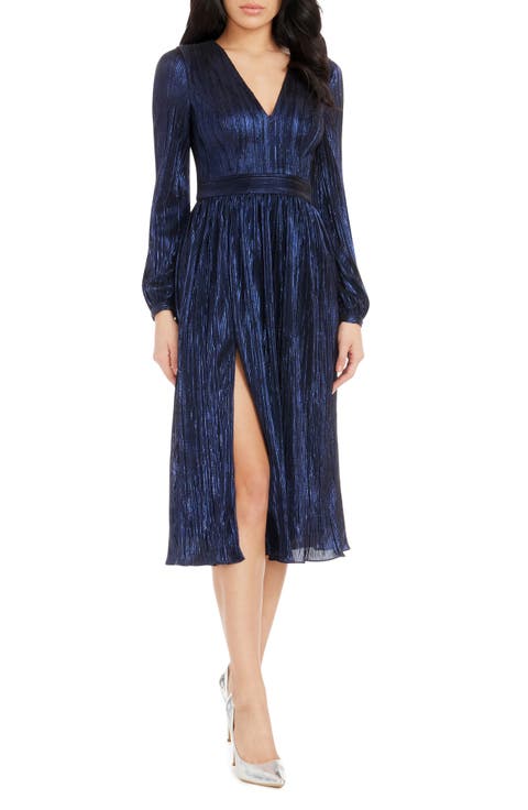Holly Long Sleeve Metallic Plissé Dress