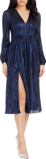 knee length dresses for ladies Zapakasa Women Sparkly Gold Metallic Pleated Long Formal Dress V-Neck  A-Line Ankle Length Holiday Party Dress main image 1