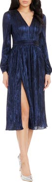 Dress the Population Holly Long Sleeve Metallic Plissé Dress