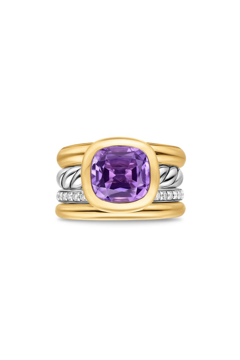 DY Mercer® Four Row Stone Ring in Sterling Silver with 18K Yellow Gold, Amethyst & Diamonds, 14mm, Main, color, AMETHYST