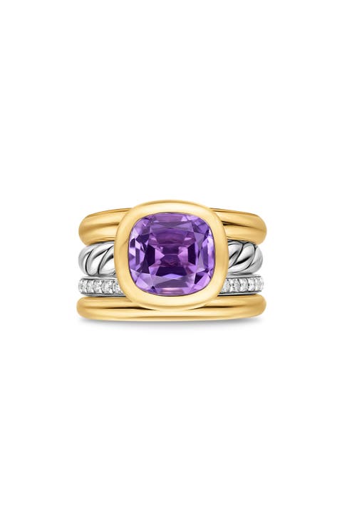 DY Mercer® Four Row Stone Ring in Sterling Silver with 18K Yellow Gold, Amethyst & Diamonds, 14mm
