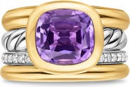 David Yurman DY Mercer® Four Row Stone Ring in Sterling Silver with 18K Yellow Gold, Amethyst & Diamonds, 14mm