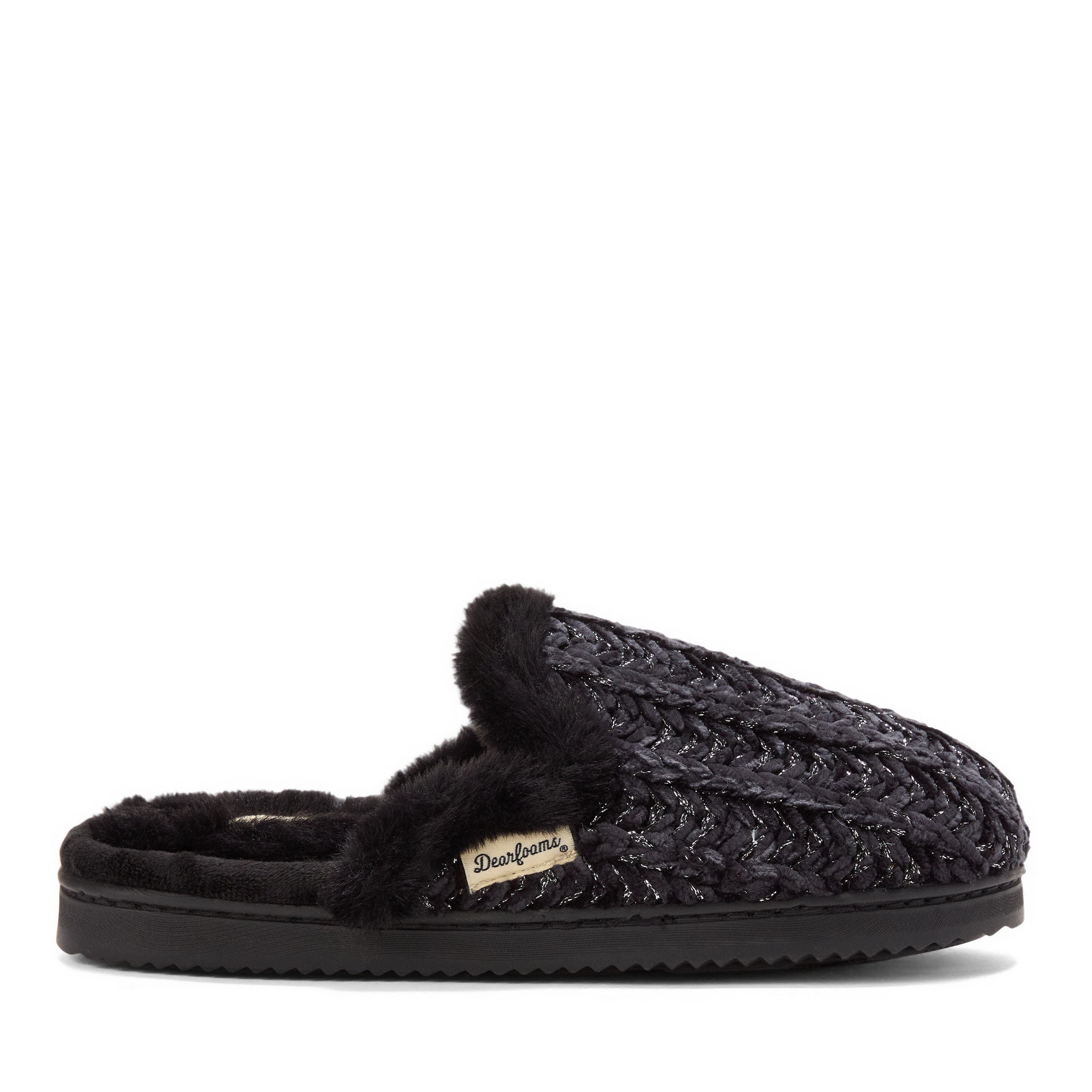 DEARFOAMS Paris Chenille Shaped Tab Scuff Slipper, Alternate, color, Black